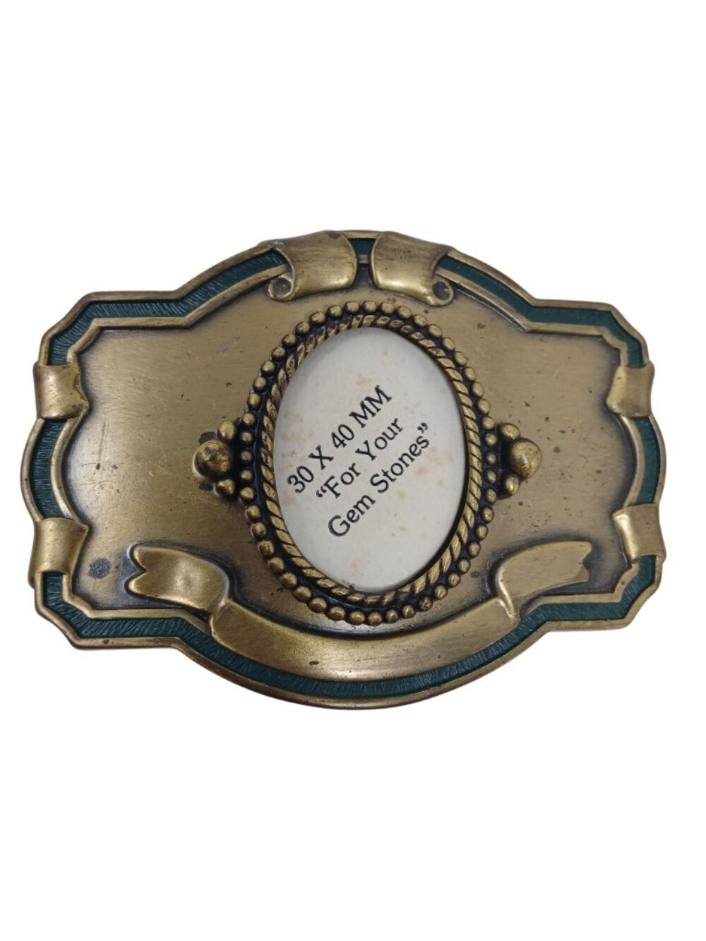 Vintage 30X40 MM Gem Stone Belt Buckle Frame -Antique Brass & Green Detail #J12 - Picture 2 of 6